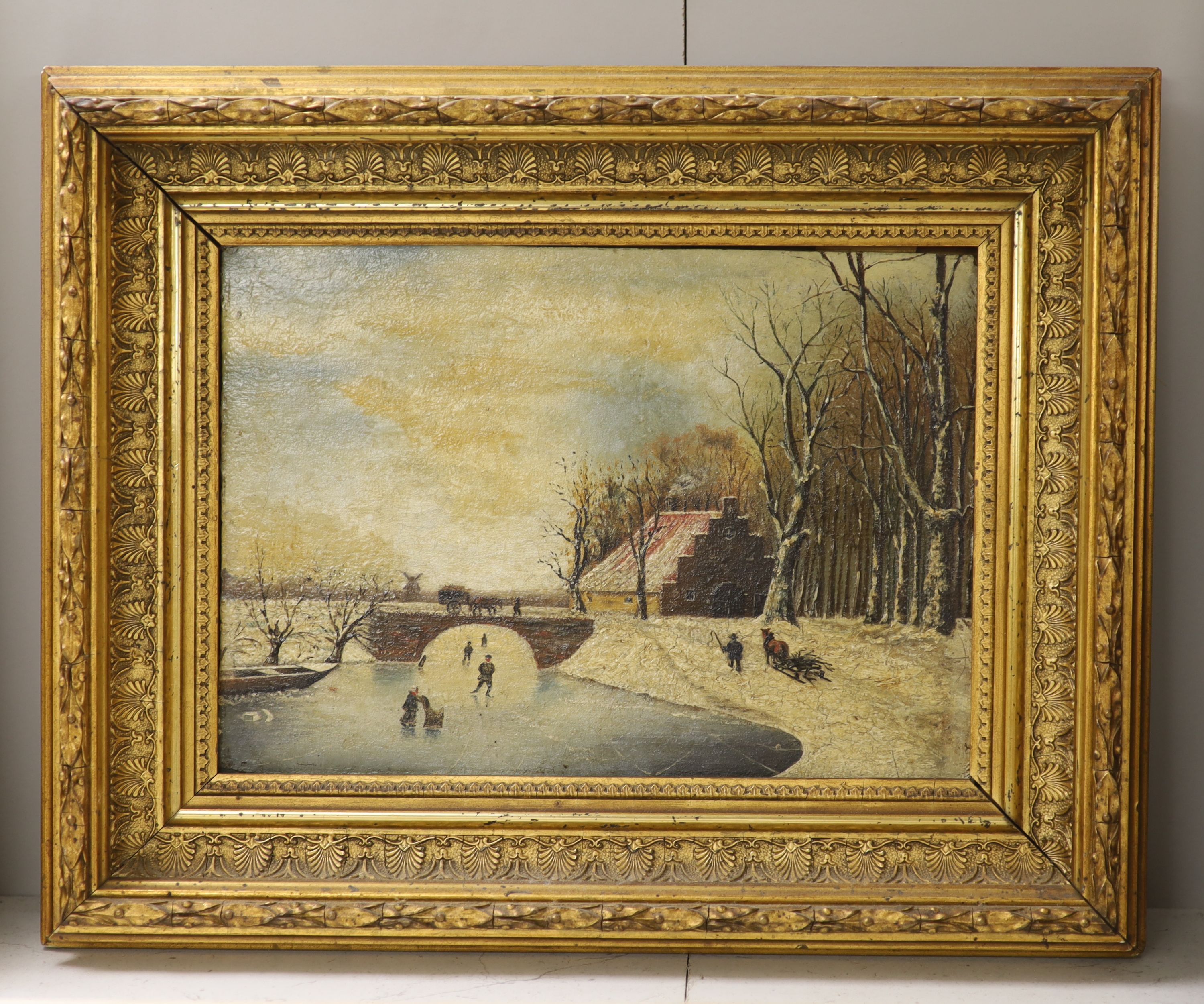 19th century Dutch School, oil on board, Winter landscape with figures on a frozen river, 17 x 25cm